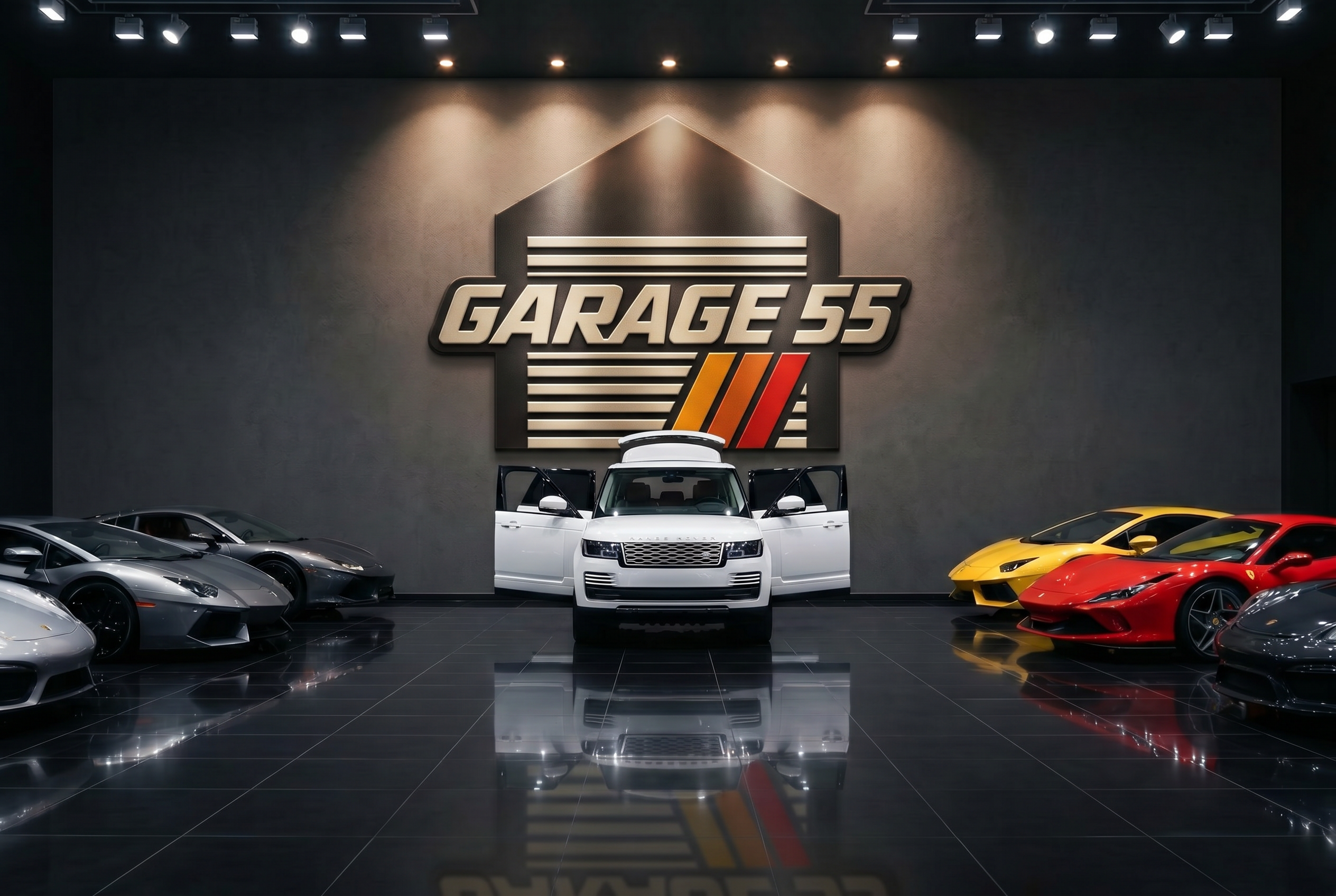 Garage 55 showroom with premium used cars under bright skylight panels